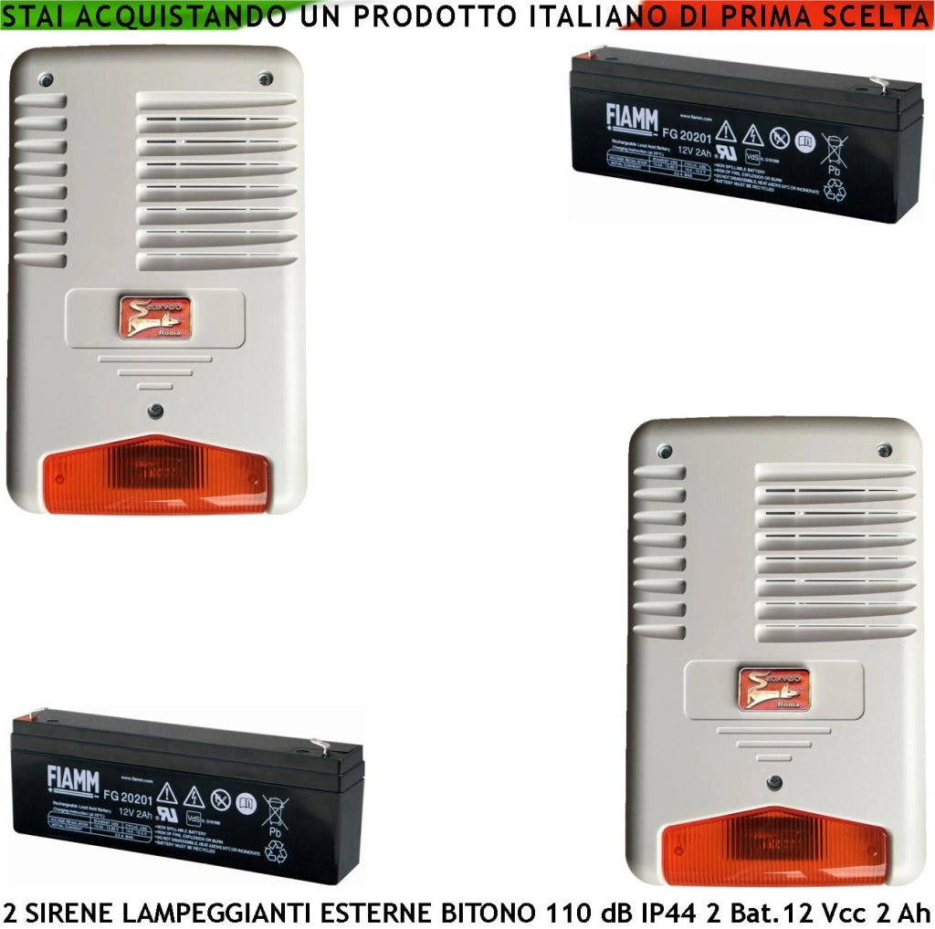 Sirena Con Lampeggiante a Led 12 Vcc 2 Pezzi Esterna Bitono Frequenza 1724 ± 2475 Hz 110 dB Tromba 15 W Assorb. 1,5 Ah 2 Batterie 12 V 2 Ah Selezionate Comando Allarme Caduta +/- Led Segnale di Stato