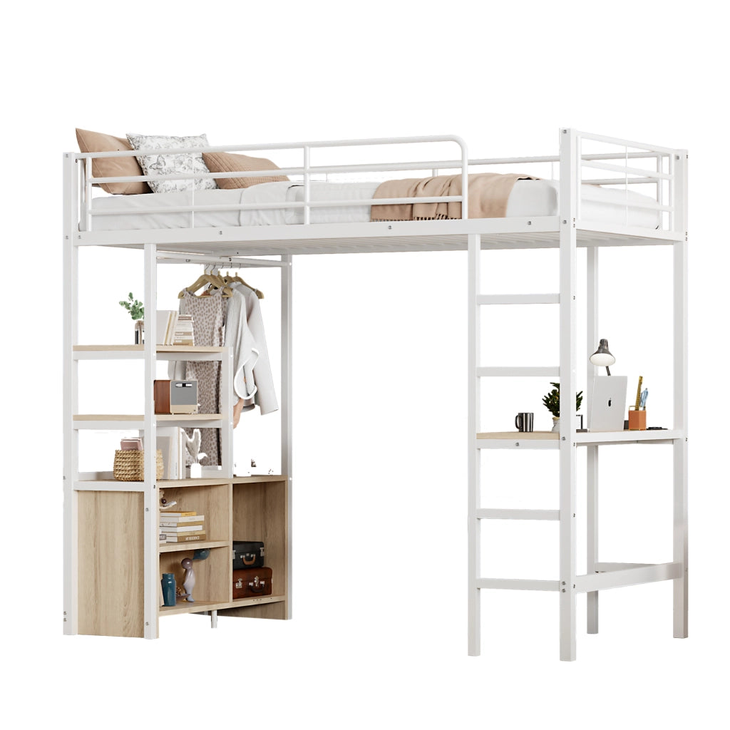 Letto a castello bianco con scrivania funzione presa usb scaffali in metallo 90x200 cm