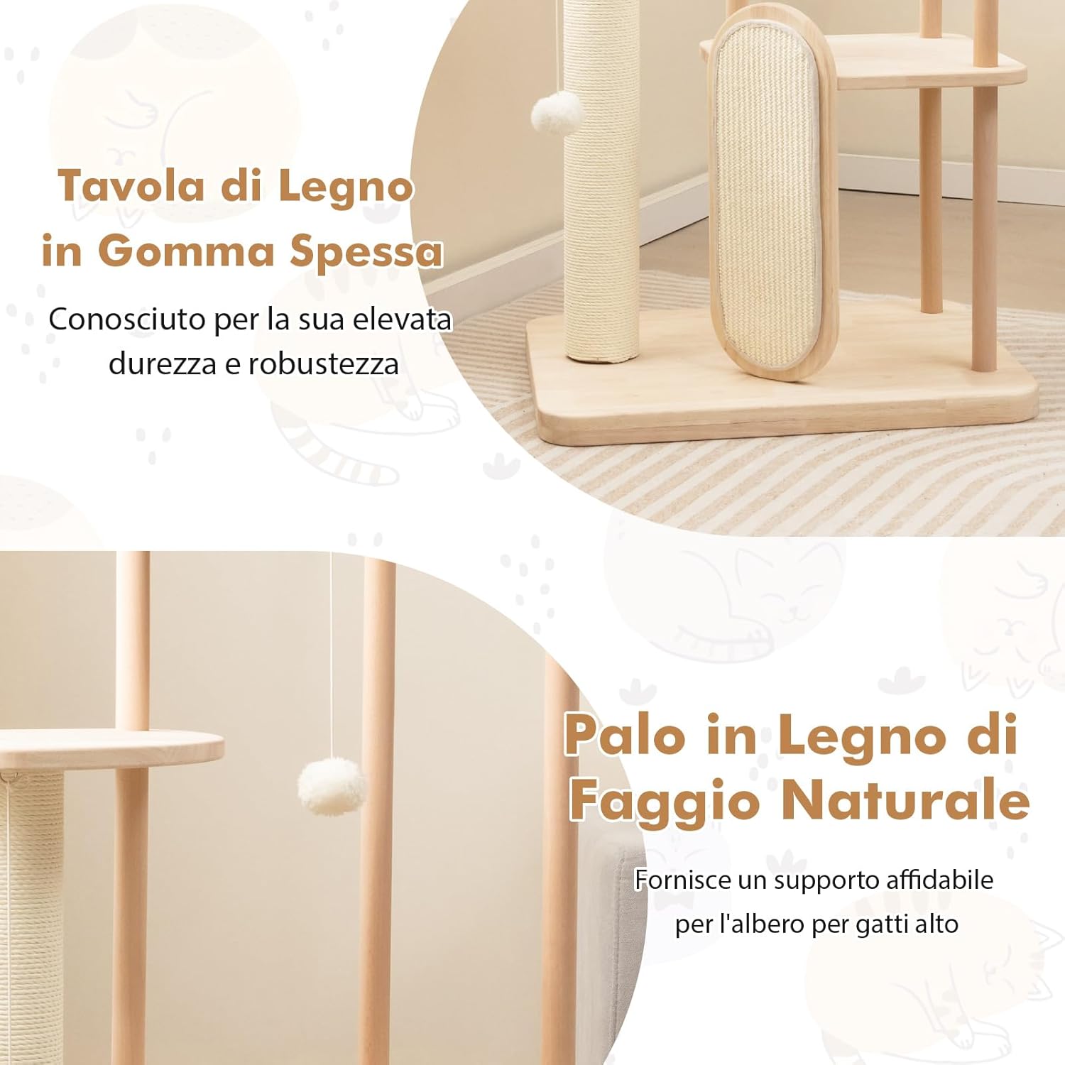 Tiragraffi per Gatti Piccola/Media, Albero per Gatti in Legno a Multilivello con Tavola e Palo Tiragraffi in Sisal, Posto Imbottito, Piattaforma e Palline
