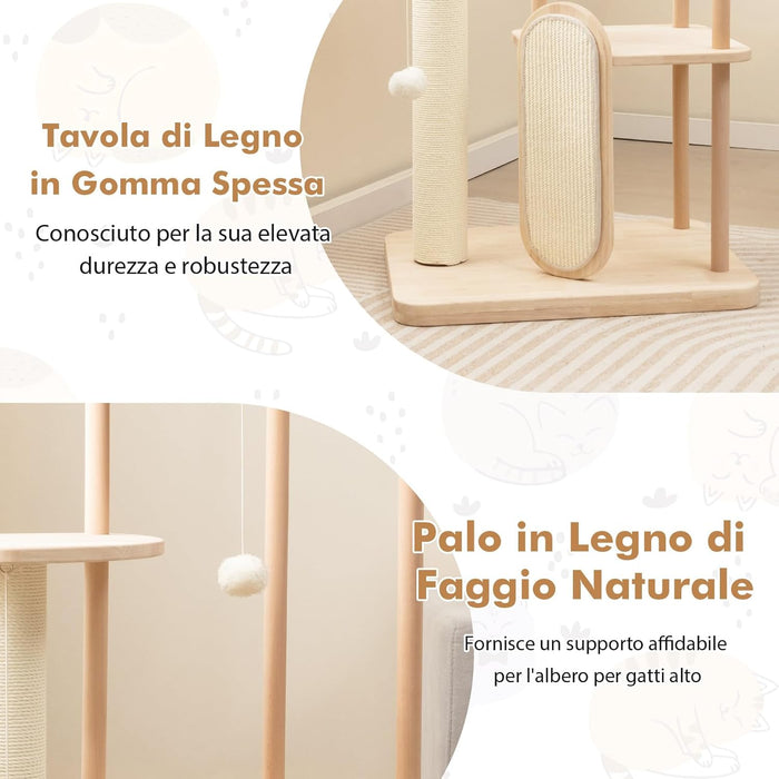 Tiragraffi per Gatti Piccola/Media, Albero per Gatti in Legno a Multilivello con Tavola e Palo Tiragraffi in Sisal, Posto Imbottito, Piattaforma e Palline