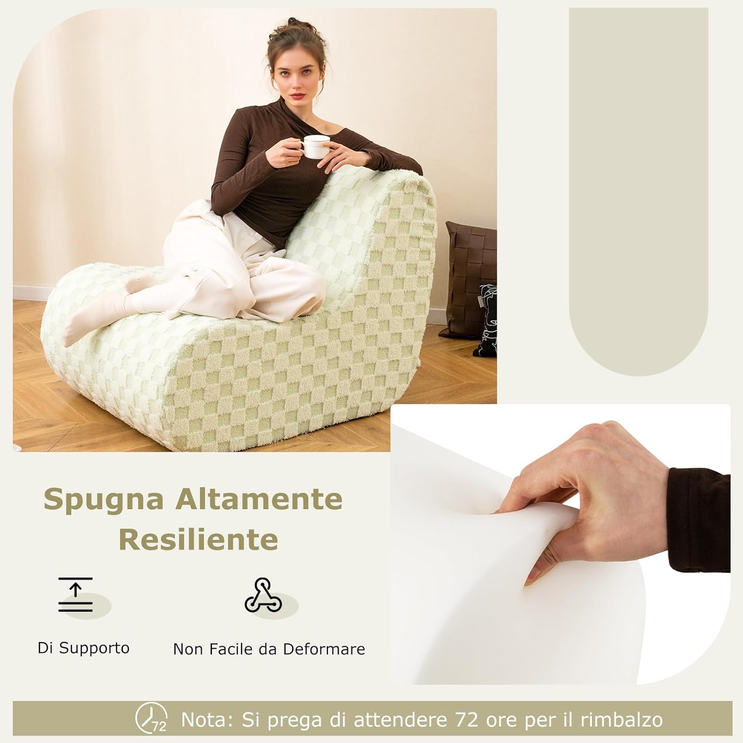 Sedia a Sacco con Pouf, Divano in Spugna ad Alta Elasticità, Fondo Antiscivolo e Copertura in Velluto Lavabile, Comoda Poltrona Pigra per Soggiorno Camera da Letto Sala Lettura (Verde)