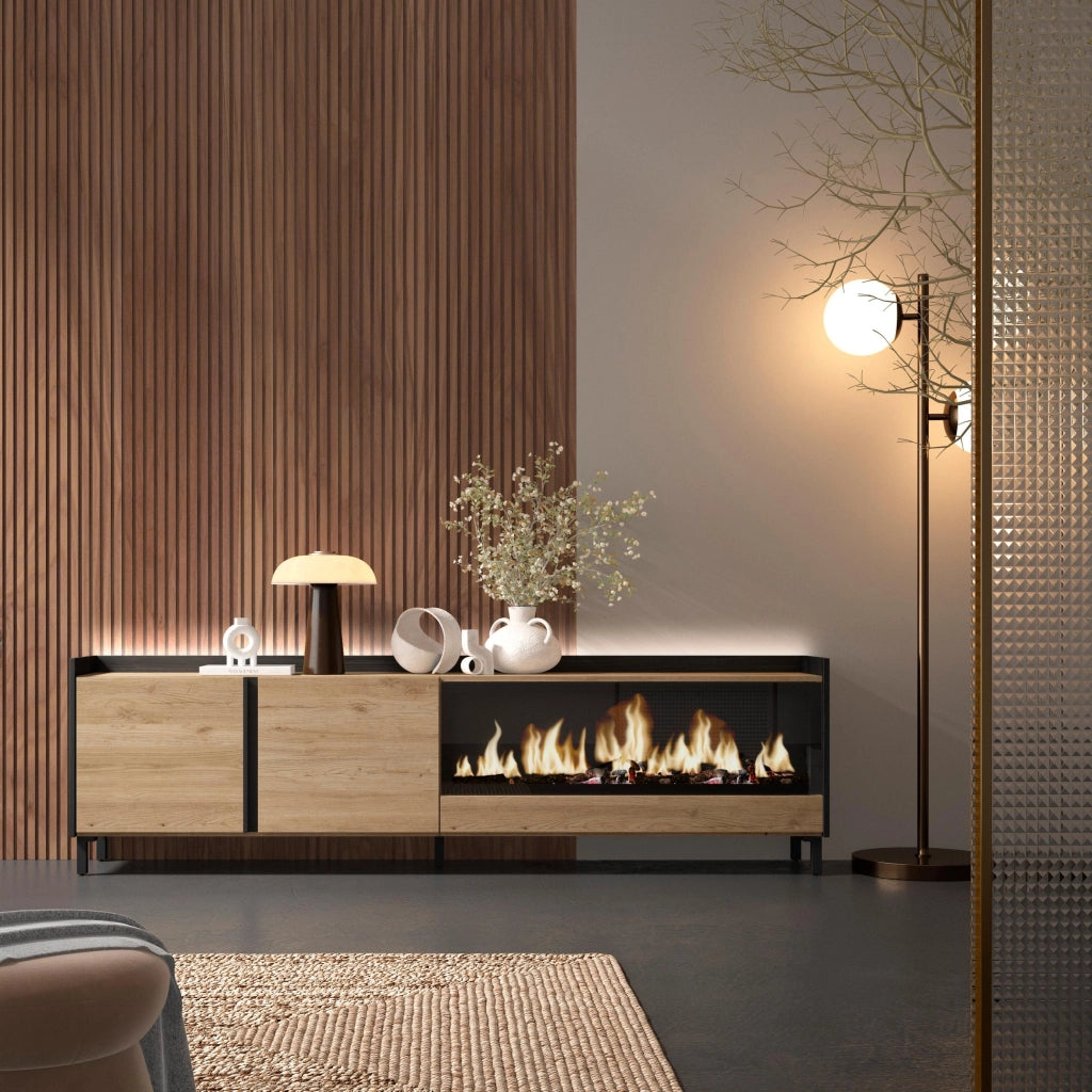 Mobile TV Soggiorno, 212x61x35 cm, Per TV fino a 80", Camino elettrico XXL, Design industriale, LED, Rovere e nero