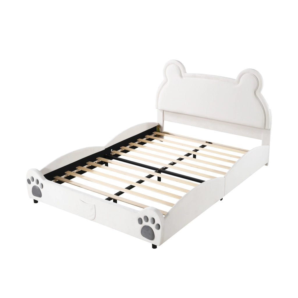 Letto per Bambini 140×200 cm; Letto a 2 Posti con Forma di Orso; senza Materasso; Bianco