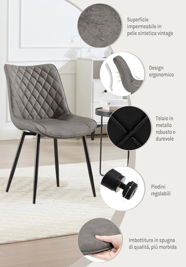 set di 2 sedie sala da pranzo sedie cucina moderne sedie imbottite Adatte per Sala Pranzo, Soggiorno, Camera da Letto Estetica in Ecopelle Grigio scuro Metallo BH210dgr-2