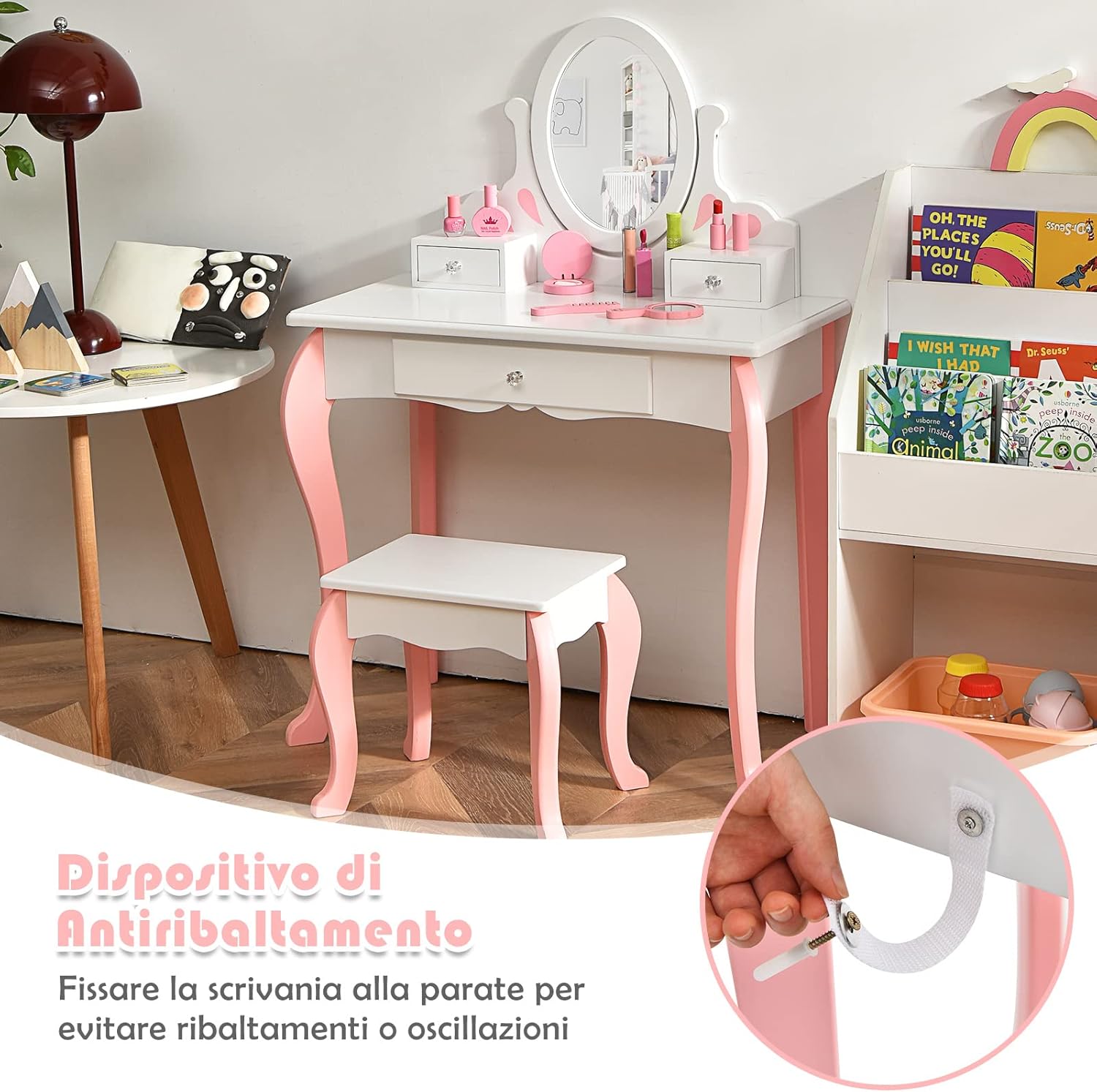 Toeletta Trucco 2 in 1 per Bambina, Specchiera Staccabile per Ragazza in Legno con Sgabello, Portapenni, Cassetto e Specchio Girevole a 360°, Postazione Trucco, 70 x 34 x 105cm (Bianco)