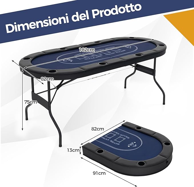 Tavolo da Poker Pieghevole 182 cm per 8 Giocatori, Tavolo da Gioco Ovalo con Supporti per Bicchieri, Rivestimenti Imbottiti, per Blackjack, Texas Hold’em, Giochi da Casinò (Blu)
