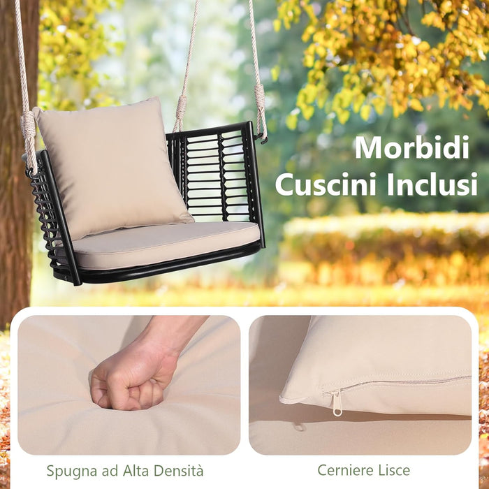 Altalena da Giardino in Rattan PE, Sedia Pensile con Cuscino e Schienale, Altalena per Portico con Telaio Metallico e 2 Corde, Portata 180 KG (Beige)