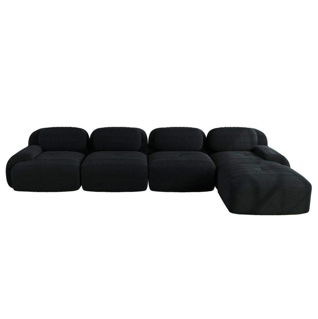 Divano angolare modulare 4 posti con chaise longue 388x178x70 cm in velluto a coste nero