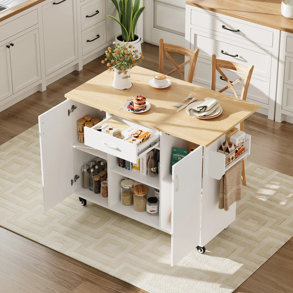 Isola da Cucina con Piano Pieghevole e Cassetto ¨C MINIMAL ¨C Bianco/Rovere, 92,9x120x43,5cm