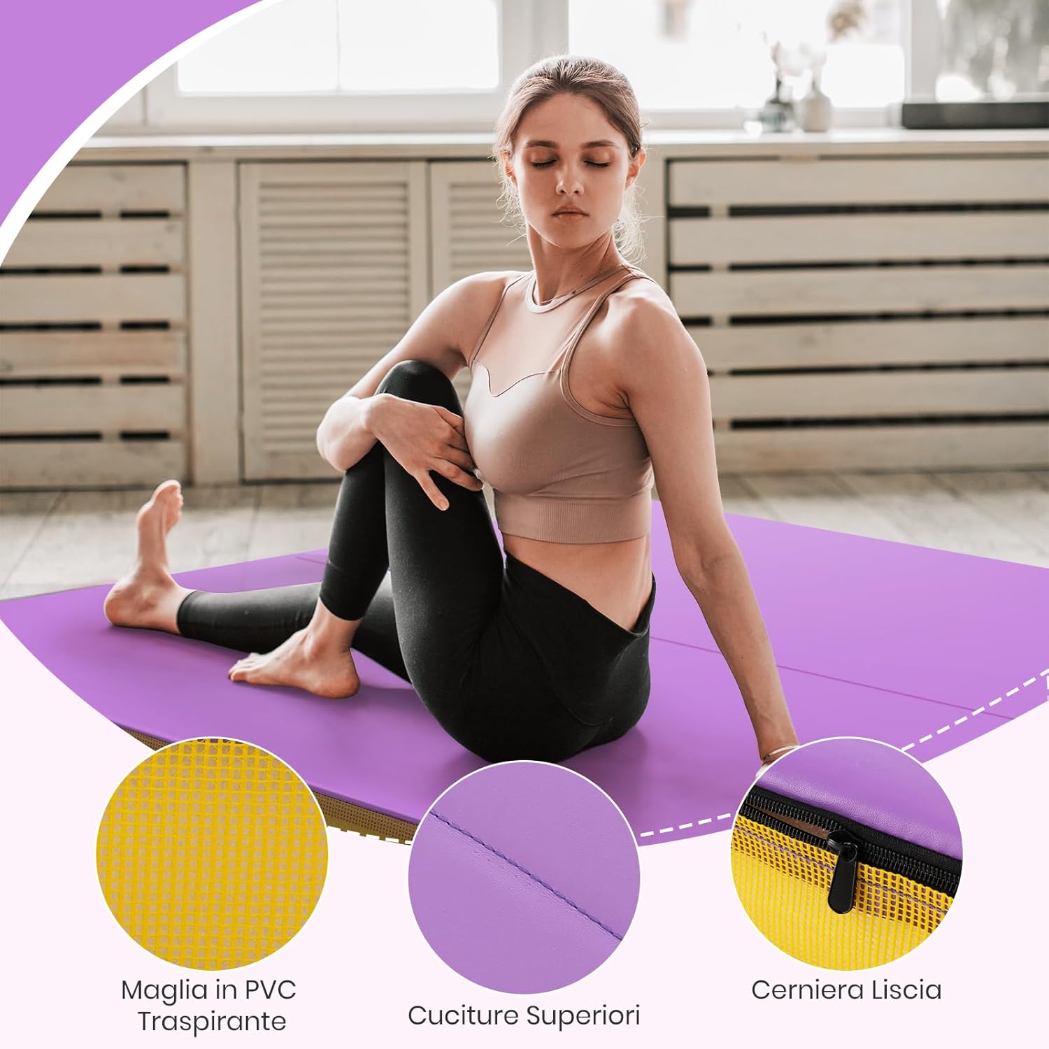 Tappetino FitnessPieghevole, Materassino per Ginnastica e Acrobatica con Rivestimento in Pelle Sintetica e Maniglie, per Esercizi a Casa per Yoga, Stretching e Pilates