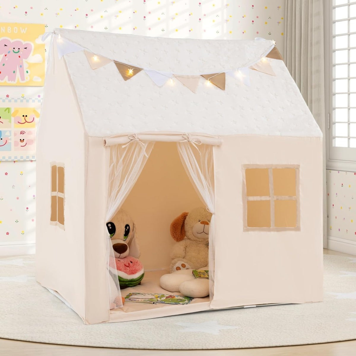 Tenda da gioco per bambini per bambini 3+ anni, Grande casa da gioco con stelle luminescenti Beige-Tende e Casette per bambini