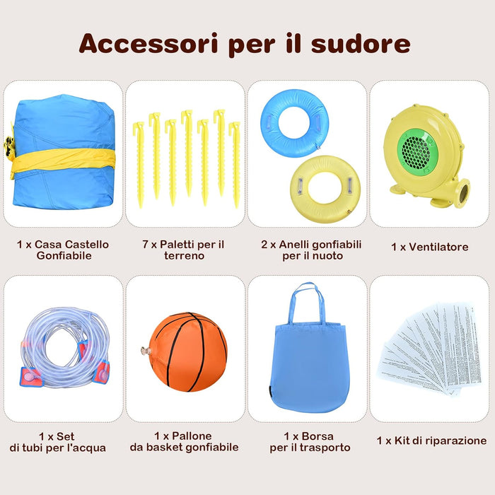 Castello Gonfiabile 8 in 1 per Bambini, con 2 Scivoli, Cannone ad Acqua, Parete di Arrampicata, con Borsa di Trasporto e Kit di Riparazione, per 3 Bambini di 3-10 Anni, 622 x 335 x 225 cm