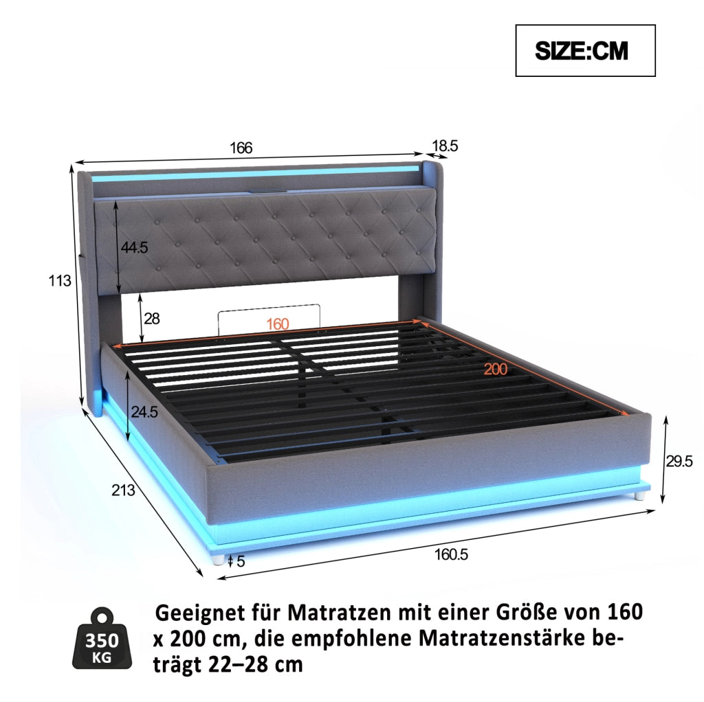 Letto imbottito LED 160x200 cm con USB e contenitore idraulico; tessuto grigio