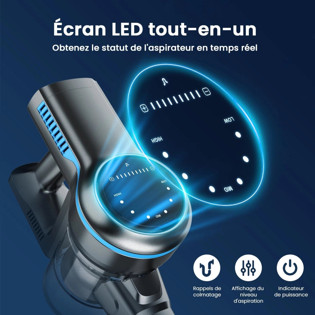 Aspirapolvere senza fili INSE S7P blu con display a LED e spazzola a rullo morbida.