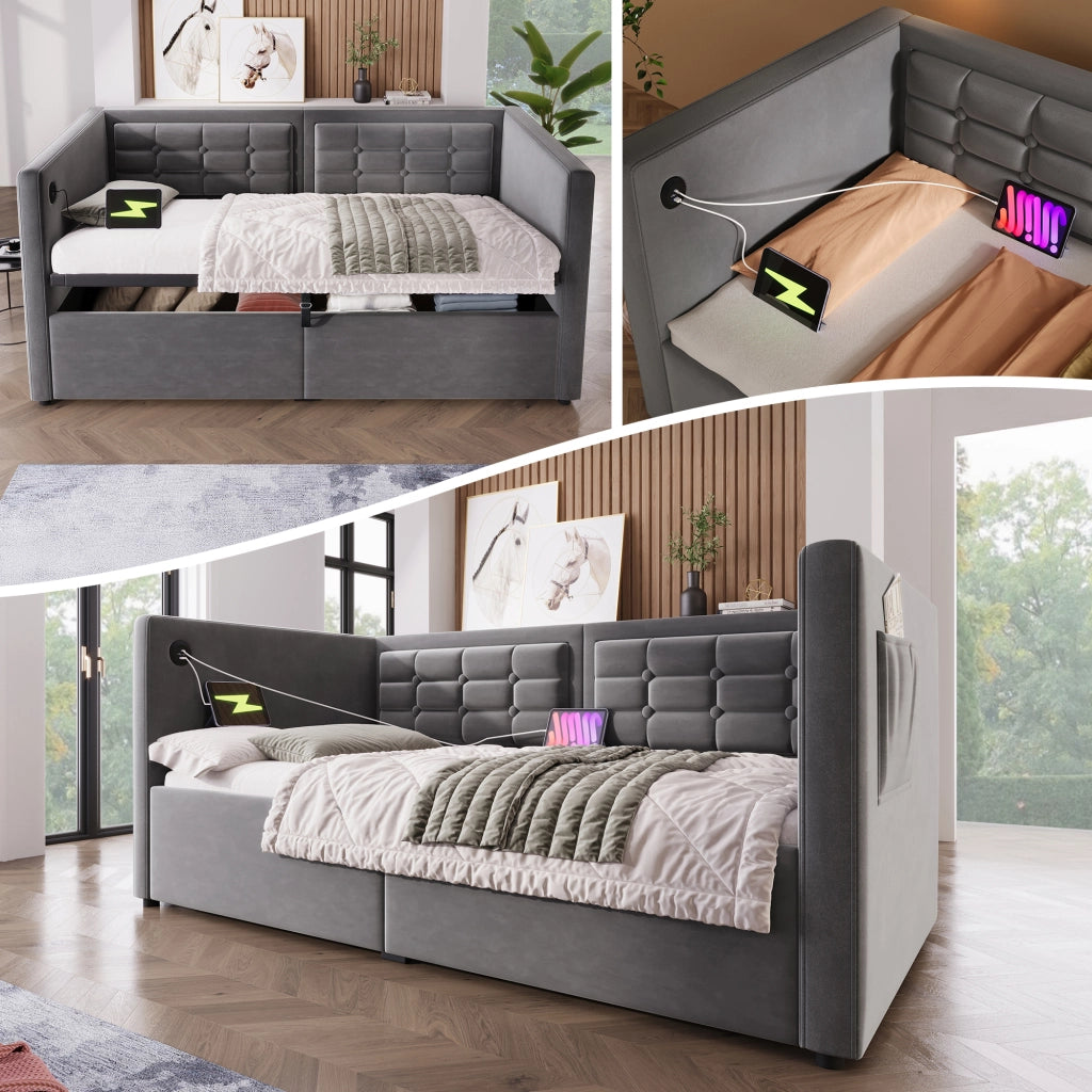 Sofabett con funzione letto in velluto grigio 90x200 cm