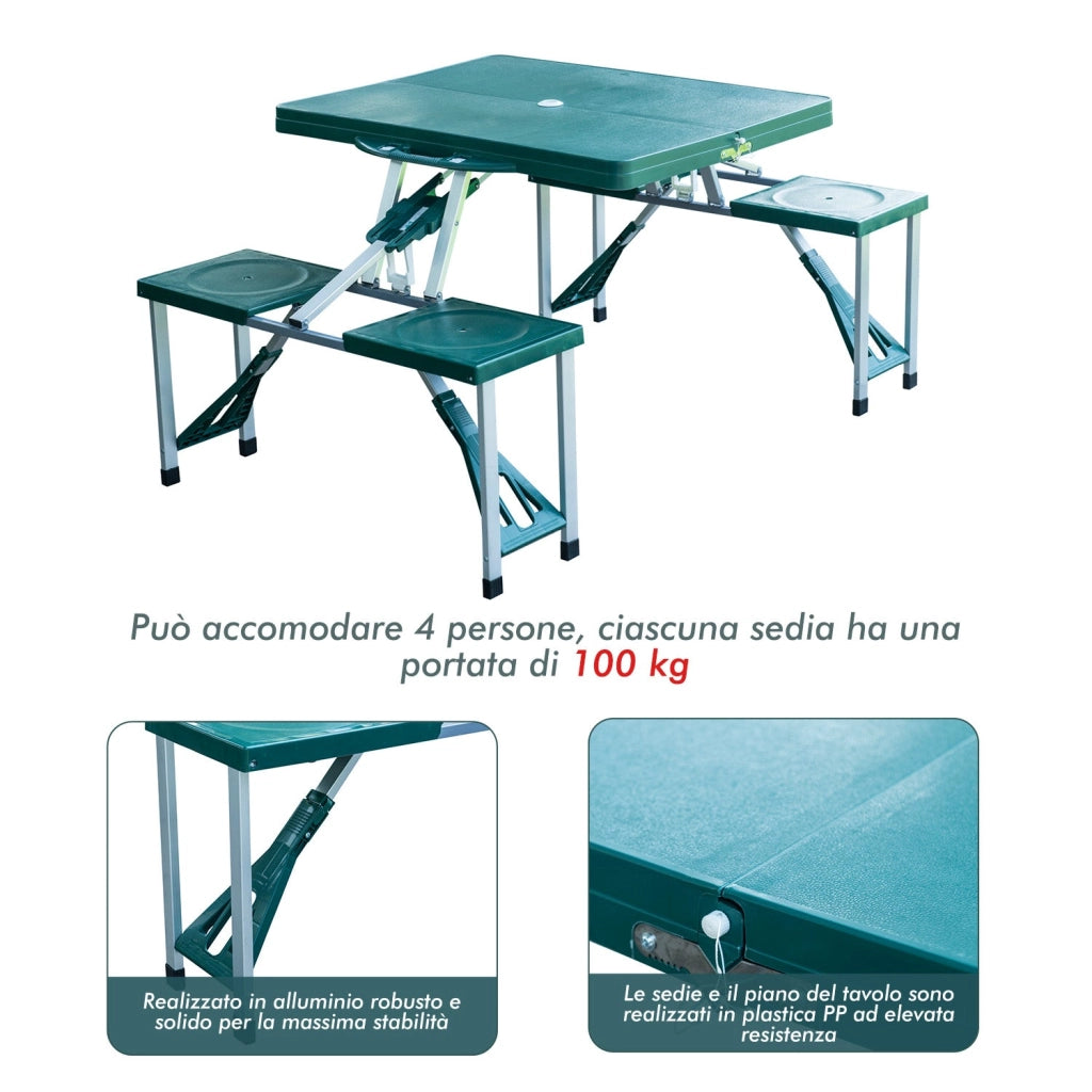 Tavolo da Campeggio con 4 Sedie Richiudibile a Valigetta in Alluminio Verde 84.5x39x10 cm