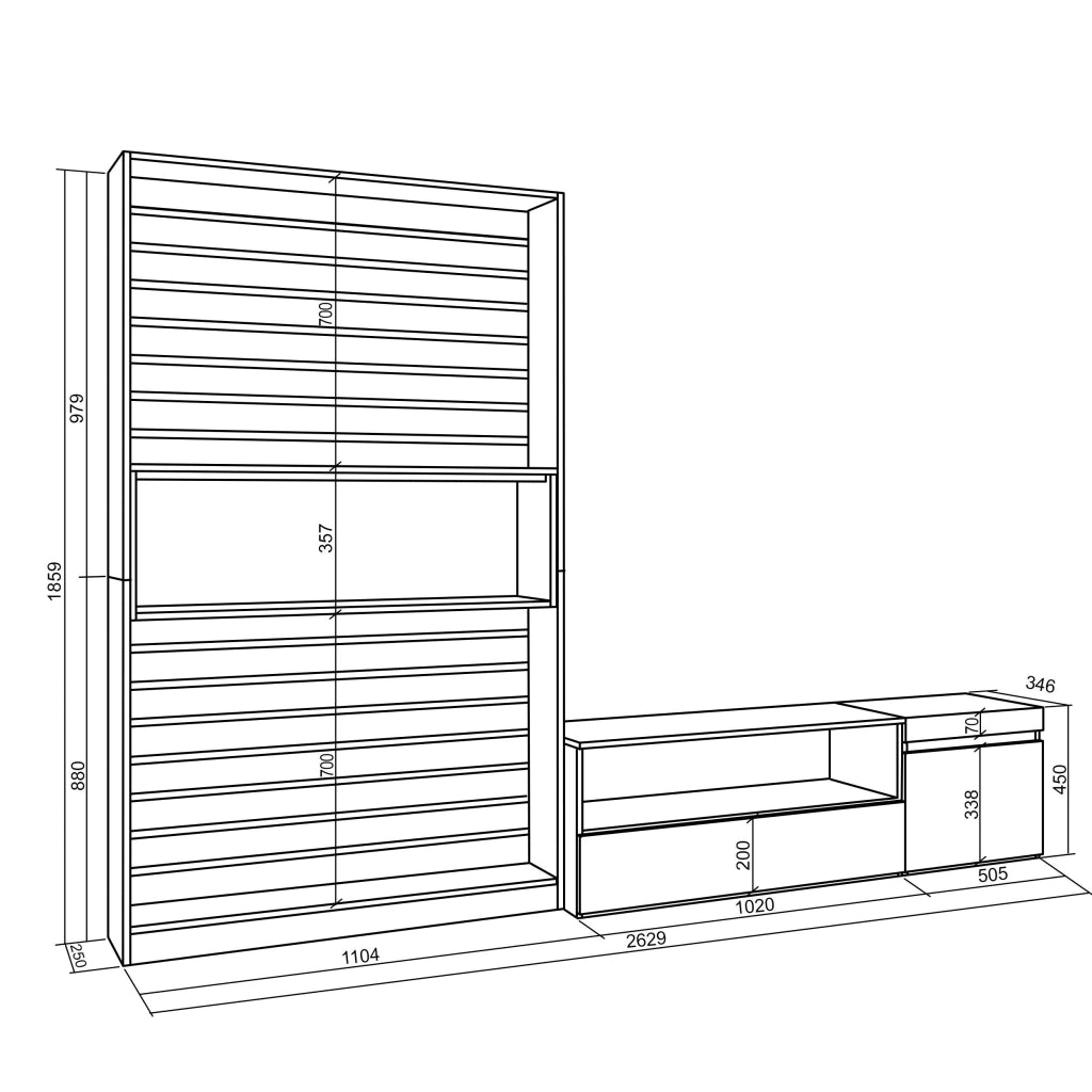 Mobile TV, Soggiorno, 260x35x186cm, Per TV fino a 65", Set di mobili, colore Rovere e nero RF2531