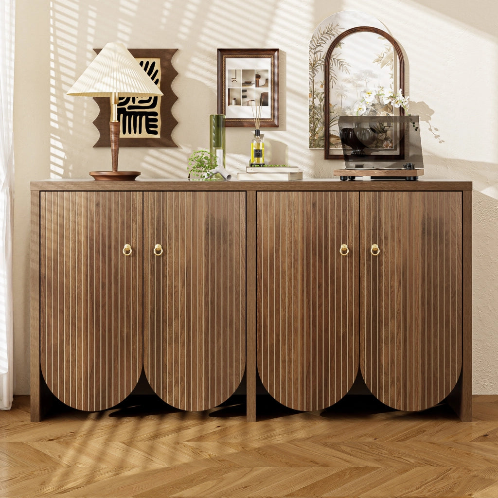 Madia con 4 Ante e Ripiani Regolabili; Frontali Scanalati Moderni; in MDF; 147??40??80 cm; Noce
