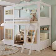 Letto a castello per bambini 90x200 cm con finestre; scala a gradini e protezione su quattro lati