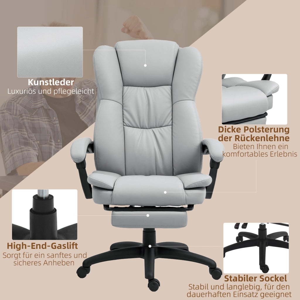 Poltrona da ufficio ergonomica con massaggio, schienale reclinabile e poggiapiedi in similpelle grigio chiaro
