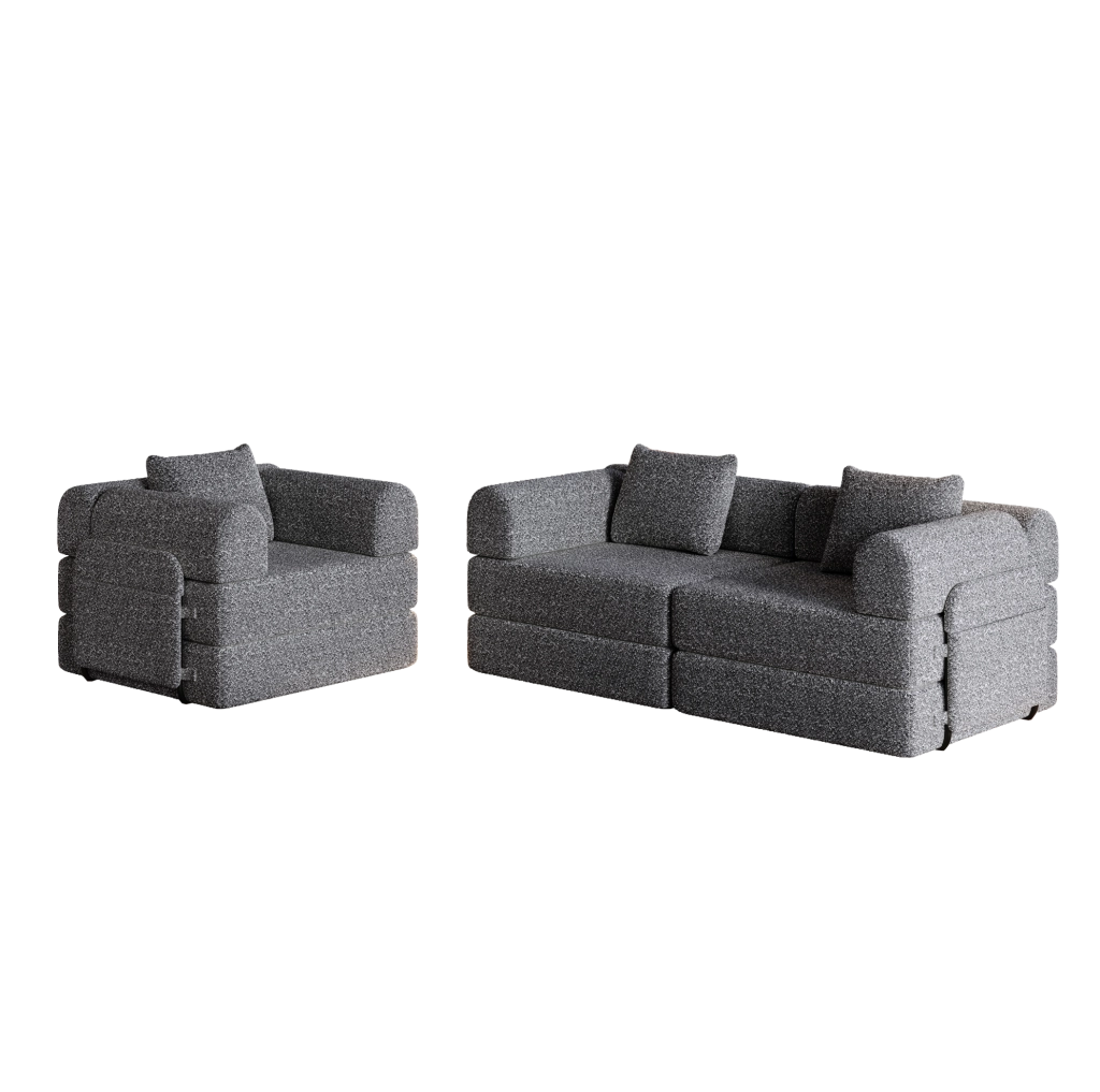 Poltrona letto 2 in 1 in ciniglia grigia con vano nel bracciolo