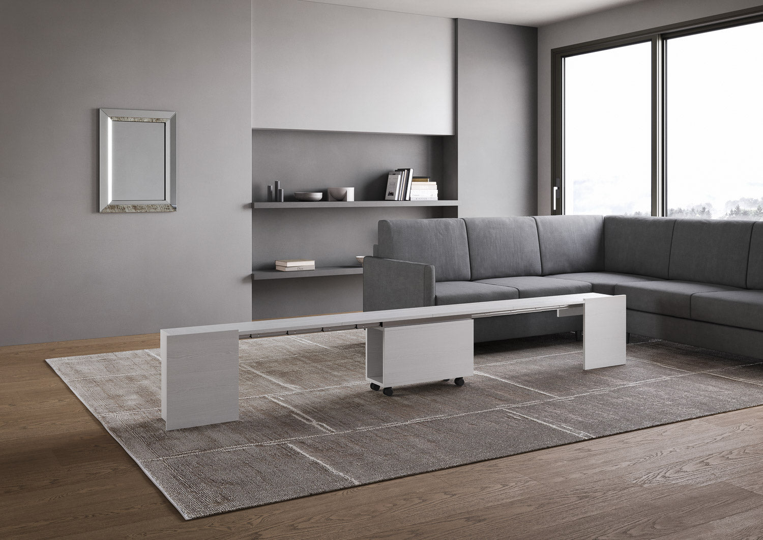 Consolle Tavolo Allungabile 90-302x42x75 cm Evolve Bianco Frassino con Panca Inferiore