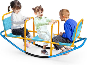 Altalena Saliscendi per Bambini, Altalena Basculante Oscillante di Metallo con Maniglie, Altalena Basculante per Interno ed Esterno, 3 Posti a Sedere (Blu)