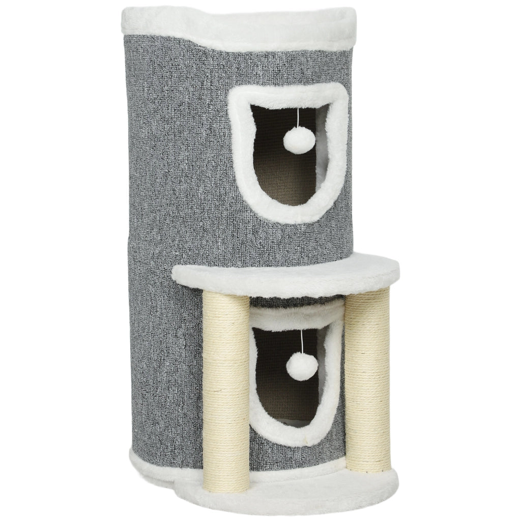 Albero Tiragraffi per Gatti Alto 76 cm con Casette Lettino Palline e Pali in Sisal Grigio