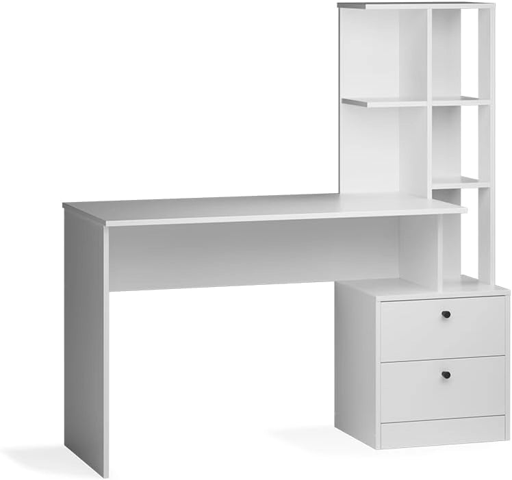 Tavolo da pranzo Denton, Bianco, 136 x 55 cm con 2 cassetti, con vani aperti per una conservazione flessibile