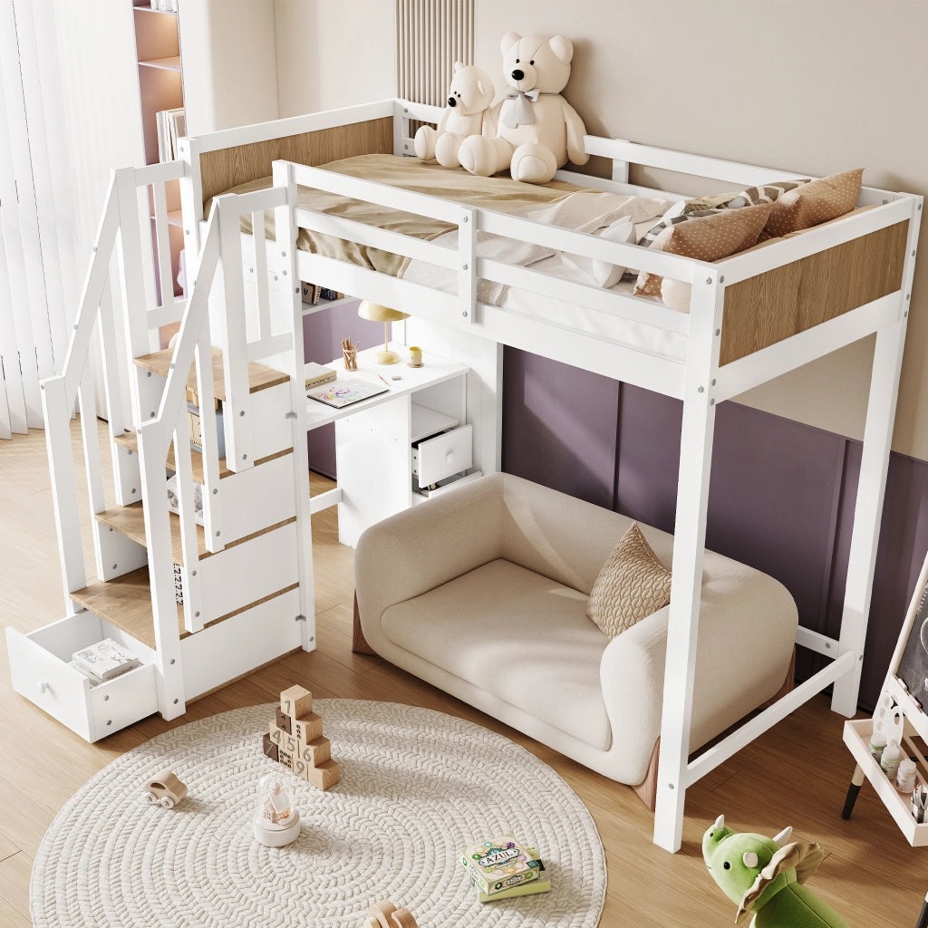 Letto a Castello 90x200 cm con Scrivania; 3 Cassetti; Scala Contenitore e Libreria