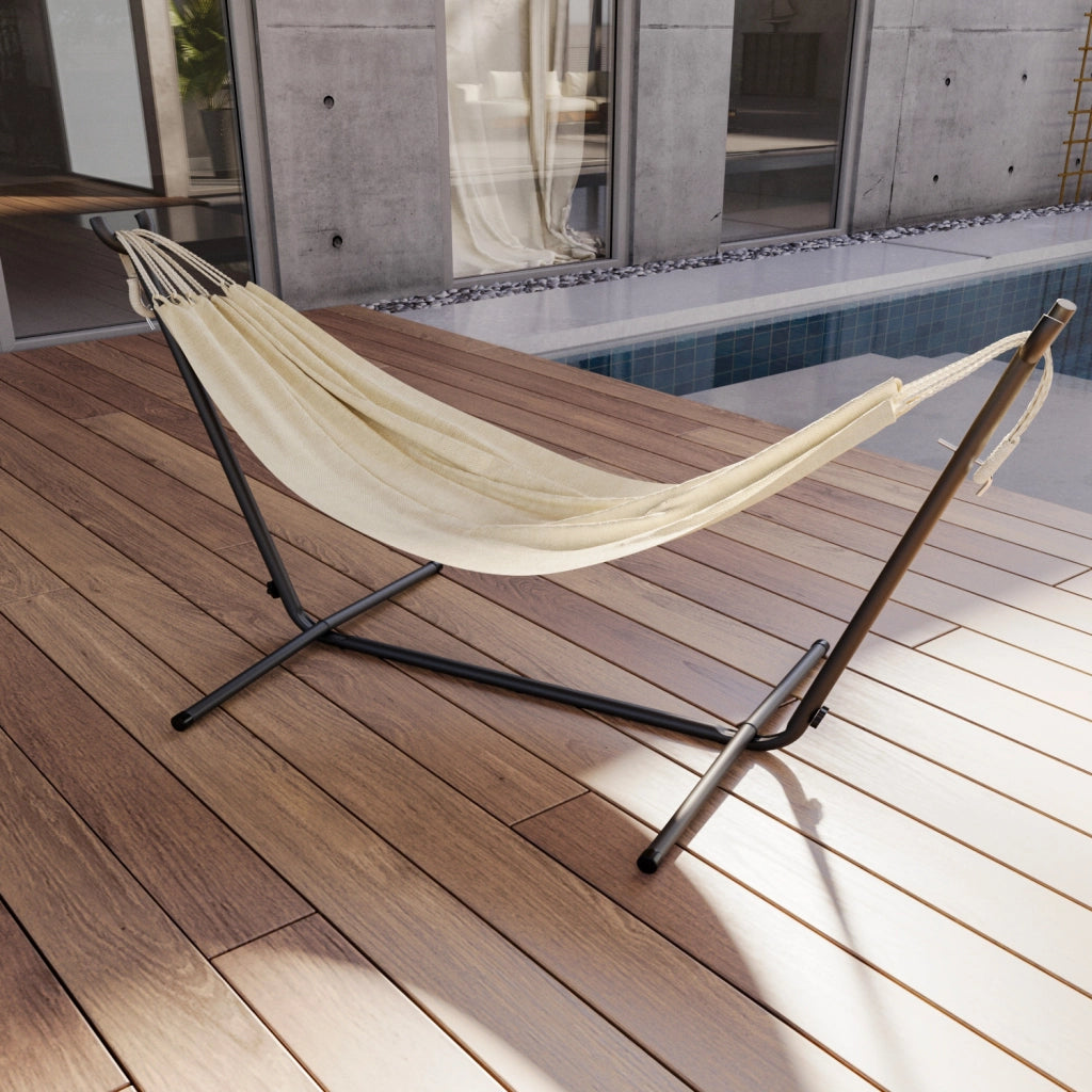 Amaca Da Giardino Con Supporto In Acciaio Portata 200 Kg Altezza Regolabile Telo Cotone Resistente Amaca Brasiliana Esterno Terrazzo Piscina Balcone Con Borsa 265 x 110 x 100 Cm Beige
