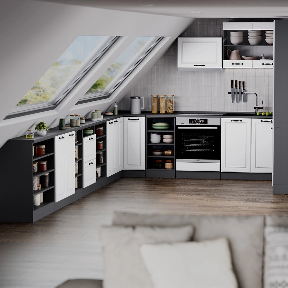Mobile cucina sottotetto R-Line Bianco rustico/Antracite 60 cm con 2 porte, carcassa 60 cm profondità Vicco