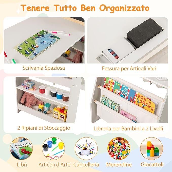 Set Tavolo e Sedia per Bambini, Tavolo in Materiale Sicuro con Lavagna e Sedia, Lavagna Bianca, Rotolo di Carta, 2 Ripiani Aperti e Libreria a 2 Ripiani, Ideale per Disegno (Grigio)