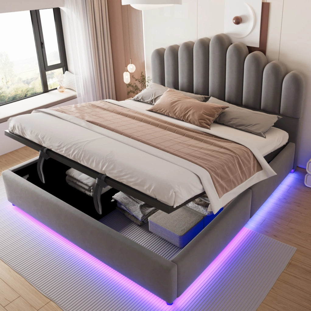 Letto imbottito 180x200 cm con contenitore idraulico e LED in velluto grigio
