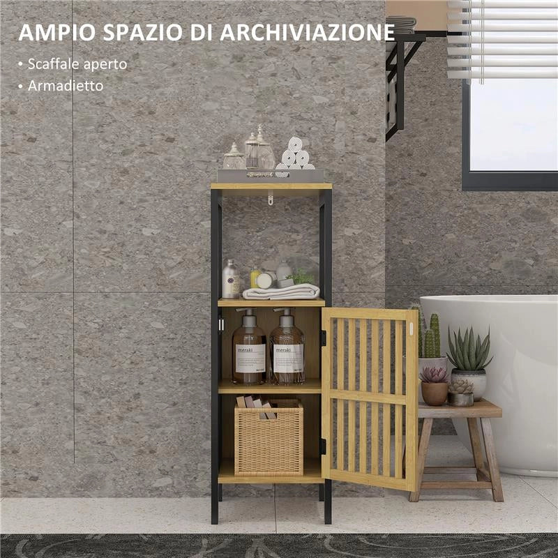 MOBILETTO BAGNO CON RIPIANO APERTO E ARMADIETTO, IN MDF E BAMBÙ, 32X30X90.5 CM, NERO E COLOR LEGNO