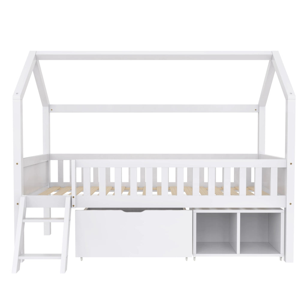 Letto a castello bianco con cassetti e scomparti 200x90 cm in legno massello di pino