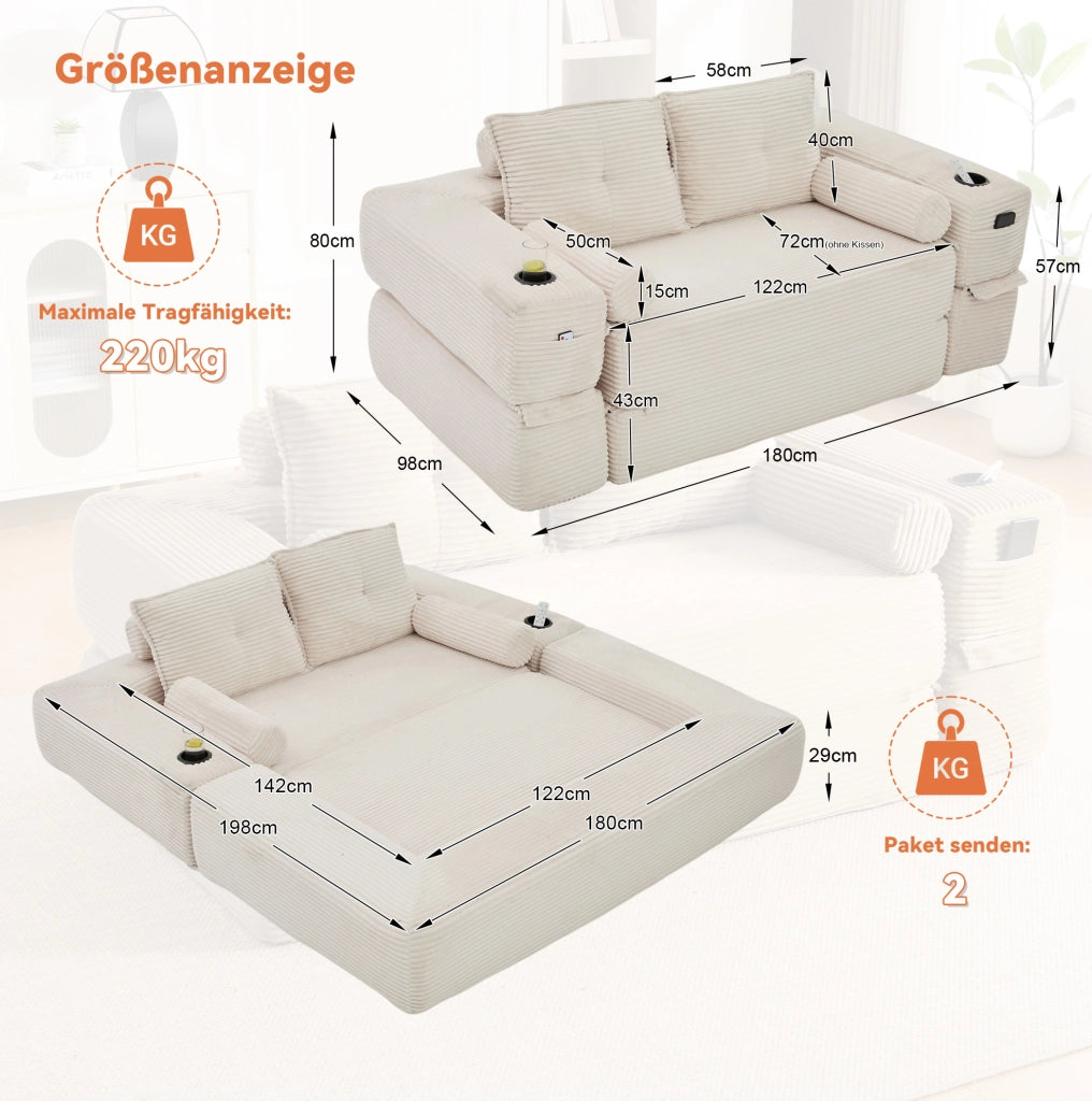 Divano letto modulare in velluto a coste beige con portaoggetti