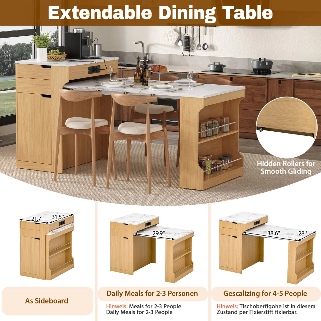 Tavolo allungabile multifunzione con cassetti e prese elettriche in MDF e vetro naturale per cucina e sala da pranzo