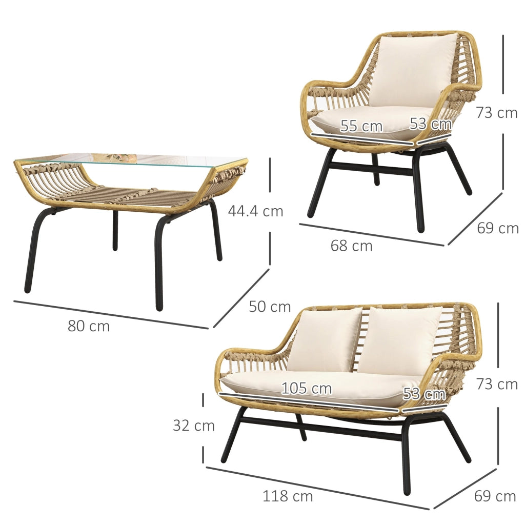 Set Salotto da Giardino Divano 2 Poltrone e Tavolino in Rattan e PE Beige