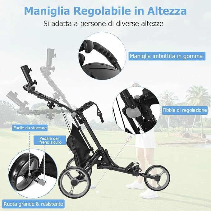Carrello da Golf Pieghevole con 3 Ruote, Struttura in Alluminio, Cinghia Elastica, Portaombrello Regolabile e Porta Bicchiere, Segnapunti e Freno a Pedale