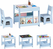 Set Tavolino Bambini con 2 Sedie per 3+ Anni, Tavolo e Sedie 4 in 1 con Lavagna Rimovibile, Librerie e Scatola in Tessuto, Mobile Salvaspazio per Scuola e Cameretta (Blu, Stile 3)
