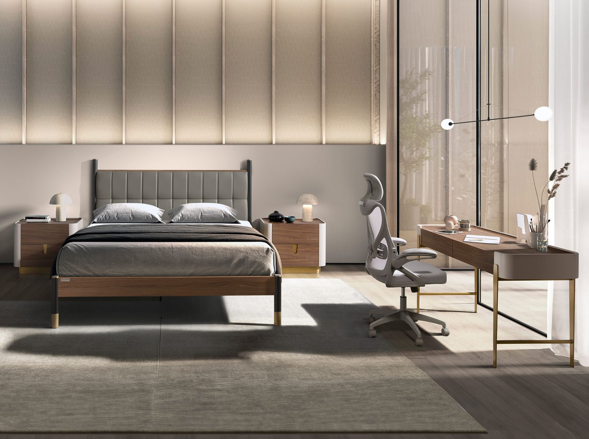 Scrivania in noce, beige e acciaio lucido dorato