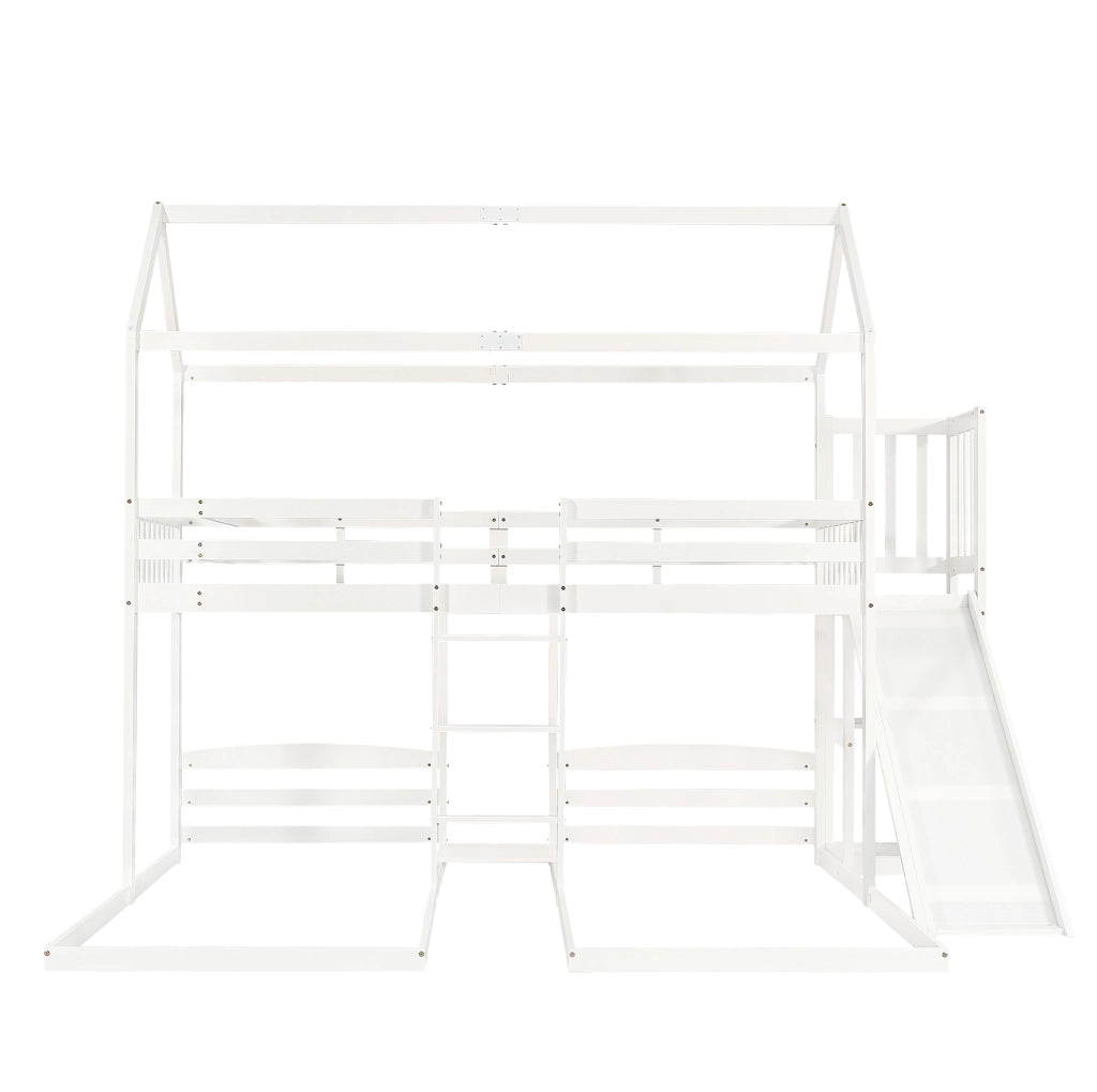 Letto a castello 90x200 cm con scivolo; tetto e 3 posti letto in legno e MDF bianco