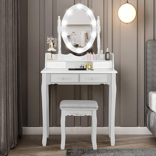 Set Toeletta da Trucco, Illuminata a 10 Lampadine LED, 4 Cassetti per Cosmetici, Specchio Regolabile e Staccabile, Sgabello Imbottito, Moderno ed Elegante, 75x40x145 cm, Bianco