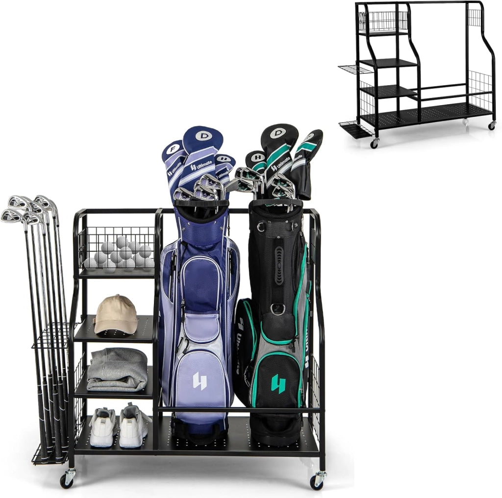 Organizer per Sacca da Golf, Supporto per 2 Borse da Golf con Extra Scaffale di Stoccaggio per Mazze da Golf, 6 Ganci Rimovibili e 4 Ruote per Garage e Club