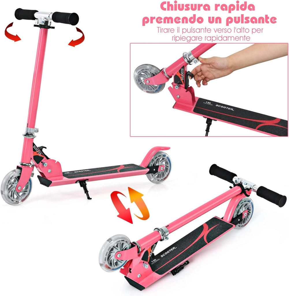 Monopattino Bambini, Monopattini a Spinta Pieghevole e Regolabile in 3 Altezze, con 2 Ruote Lampeggianti, Freno e Cavalletto, Portata 70 kg