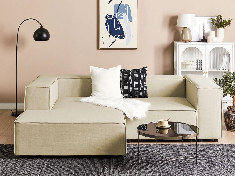 Divano modulare a destra Divano angolare componibile a 2 posti in lino beige con gambe nere Soggiorno moderno