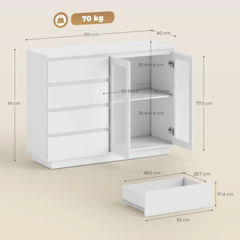CREDENZA BUFFET IN LEGNO CON 4 CASSETTI E ARMADIETTO CON ANTE IN VETRO E RIPIANI REGOLABILI, 120X40X91 CM, BIANCO