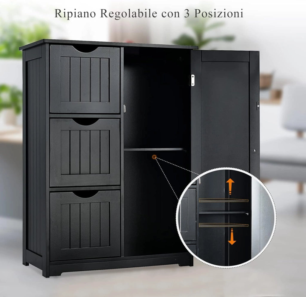Mobile da Bagno, Mobile da Terra con 3 Cassetti e Anta, Ripiano Regolabile, per Bagno, Camera da Letto, Salotto, Cucina, 60x 30x 81cm (Nero)