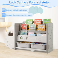 Scaffale per Giocattoli e Libri per Bambini, Libreria a Forma di Auto con 3 Ripiani 2 Scatole, Organizzatore Salvaspazio per Camera Stanza dei Giochi Asilo